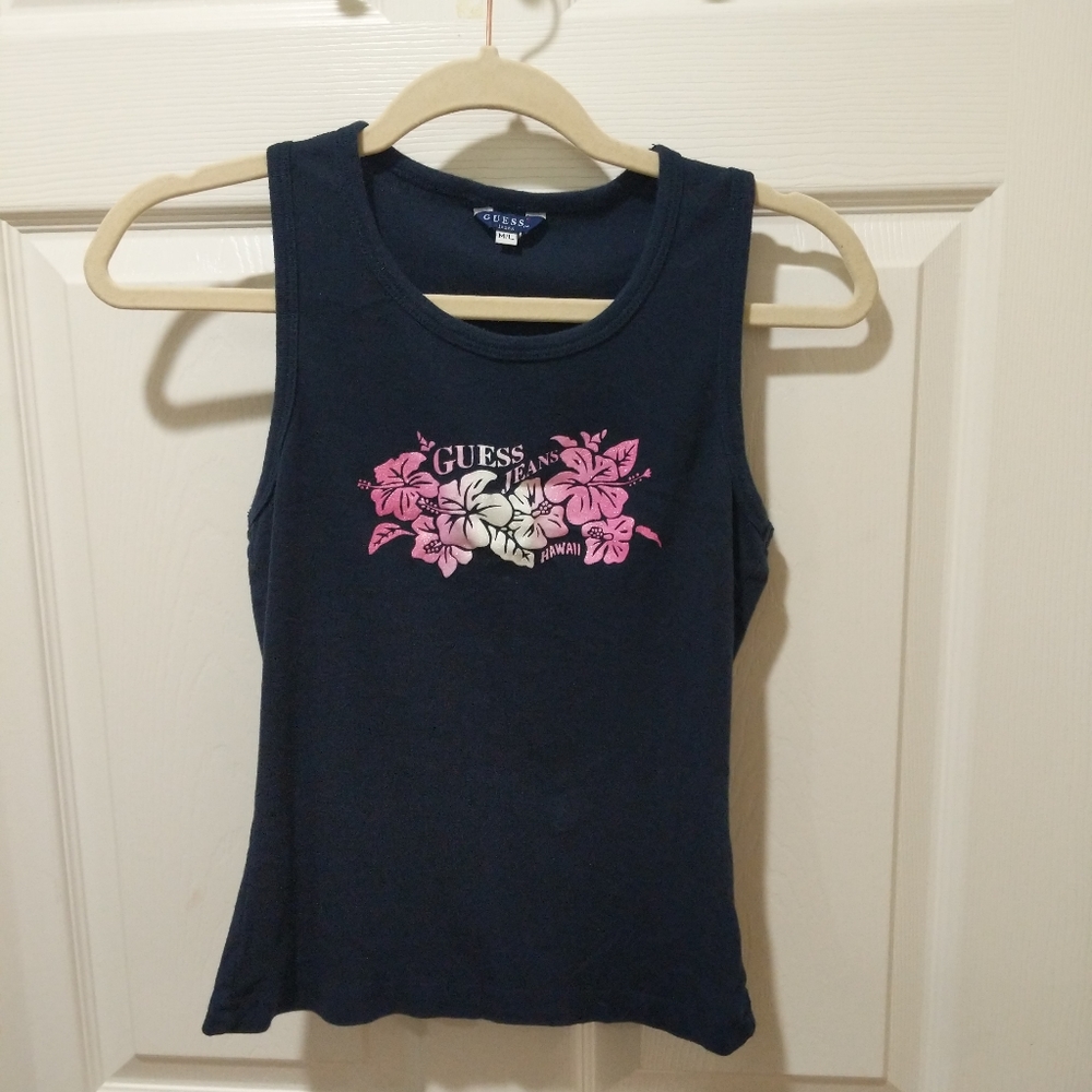 R Guess vintage 90s medium tank top navy blue glitter pink & white Hawaiian top